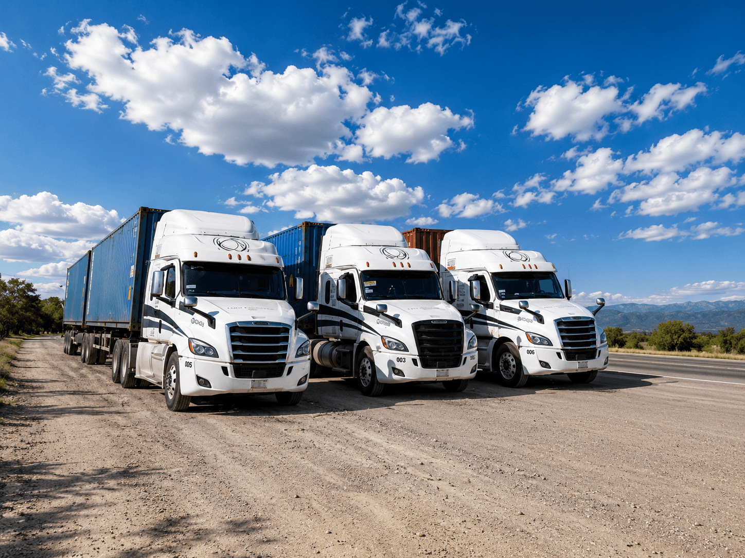 Flota ITER Road — camiones alineados con contenedores
